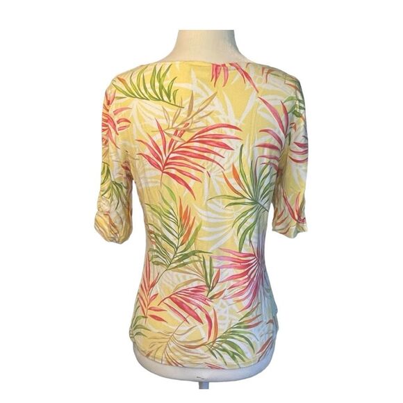 Talbots Floral Print Tee Yellow Pink Green Short Sleeve Crewneck Tropical Top SP - Picture 4 of 8